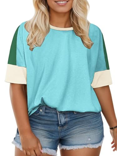 Plus Size Shirts for Women Fashion Color Block Tops Cute Short Sleeve Tees Light Green 2XL