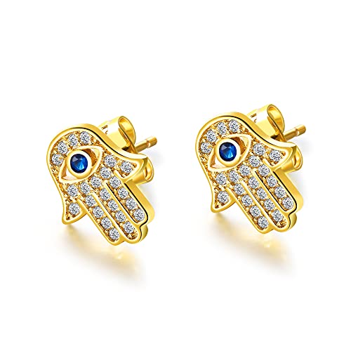 Boucles d'oreilles à tige en forme de main de Fatma pour femme et fille en or 18 carats avec zircone cubique hypoallergénique et délicat, Métal, Oxyde de Zirconium Cover