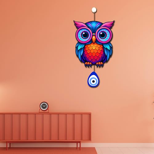 Image of GENXTRA Neon Multicolor Owl Wall Hanging with Nazar Protection Charm | MDF Wooden Decorative Wall Art for Home & Office | Modern Boho Decor