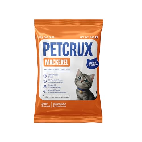 Image of Petcrux Dry Kitten Cat Food, Mackerel Fish Flavor, with Omega 3 & 6 and Taurine, Complete & Balanced Nutrition for Growing Kittens, Trial Pack 50 g