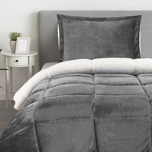 Utopia Bedding Micromink Sherpa Fleece Twin Comforter Set with 1 Pillow Sham, Plush and Warm Bedding Comforter Sets, Down Alternative Comforter, Ultra Soft and Cozy Comforter Set (Twin, Grey)