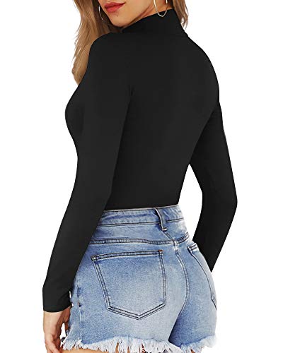MANGOPOP Women's Mock Neck/Turtle Neck Long Sleeve Modal Bodysuit Jumpsuit (A02 Black, Medium)