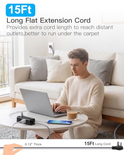 Image of One Beat Extension Cord 15Ft, Flat Plug Surge Protector Power Strip, Black | 6 Widely Outlets 4 USB Ports(2 USB C), 15 Ft Long Extension Cord with Multiple Outlets for Home Office College Dorm Room