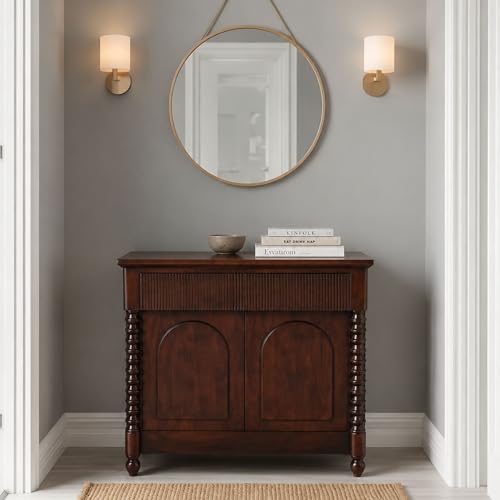 Image of Gharaana Kanak Wooden Console Table, Brown, with Spindle Legs and Arched Doors, 89 x 41 x 91 cm