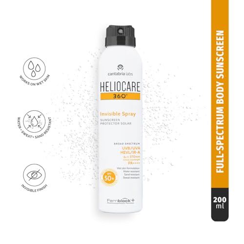 Image of Heliocare 360 Invisible Body Sunscreen Spray SPF 50+ PA++++ | Wet Skin Use, No White Cast | Water-Resistant Outdoor Sunscreen | UVA UVB + Blue Light + IR-A Protection | Fernblock Antioxidant | 200ml
