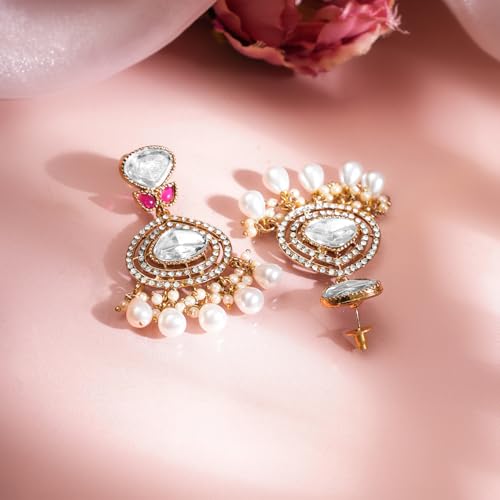 Image of Rubans Long Dangler Earrings Kundan & Pearl Ethnic Jewellery Gift for Women & Girls