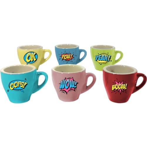 Set 6 Tazzine da caffè in Ceramica Colorate Personalizzate con Onomatopee Fumetti Particolari Colori Assortiti Idea Regalo Originale Natale Compleanno Cucina Prima Colazione Mattina Arredo Casa Tavola