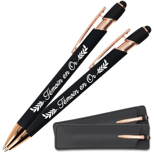 StarMaker Lot de 2 Stylos Témoin en Or avec étui cuir - Idée cadeau témoin de mariage - Stylo en métal 2 en 1 tactile avec gravure, original et chic à...