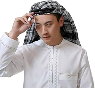 Adult Men Arab Head Scarf Keffiyeh Middle East Desert Shemagh Wrap Muslim Headwear Arabian Costume Accessories (Black Plaid)