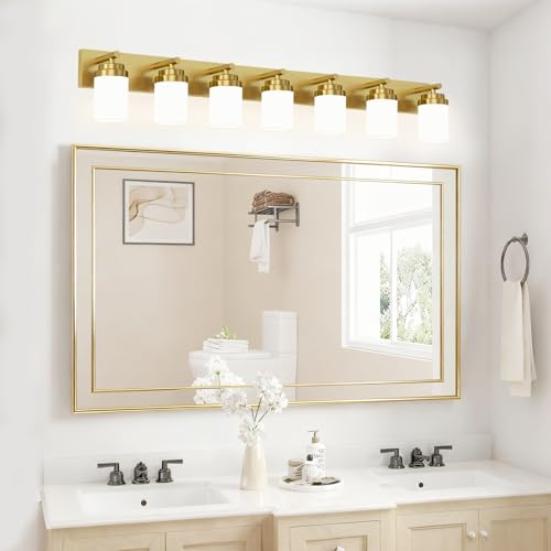 Image of IZORRO Bathroom Vanity Light Fixture, 7-Light 52 inch Gold Bathroom Light Fixtures Over Mirror, with White Glass Shade, Modern Farmhouse Vanity Lights, Rustic Restroom Lighting Fixtures