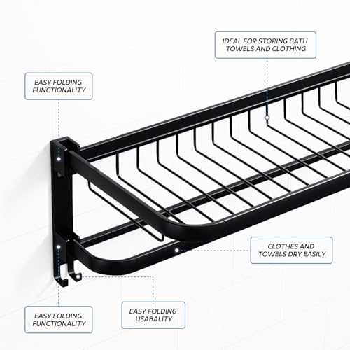 Image of Amazon Basics 24 Inch Foldable Aluminum Towel Rack for Bathroom | Wall Mounted Double Tier Towel Holder with Rod & Hooks | Rustproof