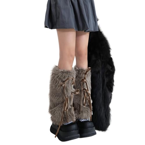 Women Plush White Leg Warmers Japanese Sweet Ribbon Bowknot Winter Warm Furry Boot Leg Sleeve Socks