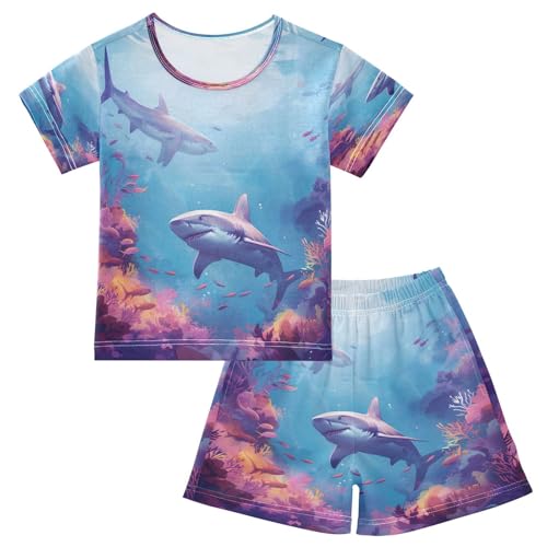 senya Short Sleeve Pajamas Sets Summer Cotton Sleepwear Shark Coral