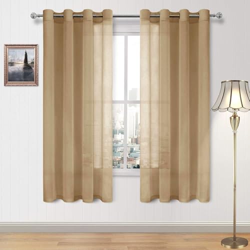 DWCN Taupe Sheer Curtains for Living Room Bedroom - Faux Linen Look Voile Drapes Grommet Top Window Curtain Panel 52 x 63 Inch Length, Set of 2 Panels