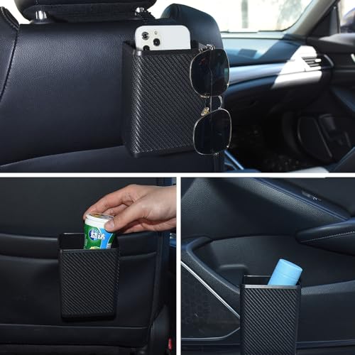 Image of JSCARLIFE Car Trash Can, Car Mounted Garbage Bin, Front and Rear Seats, Door Mounted Storage Box, Multifunctional Garbage Bag for Storing Automotive Supplies (Carbon Grain), ST-T2219-6