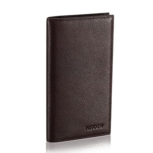 Image of HISCOW Slim Leather Checkbook Cover for Personal Checks, Coffee Vegetable-Tanned Leather, One Size, Minimalist | Full grain cowhide, transaction register & check book pockets, removable duplicate divider, durable stitching, gifts for men