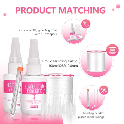 Bracelet String Glue to Keep Elastic String Stay Perfectly Tied for Clay Beads, Jewelry Glue with 0.8mm Elastic String for Bracelets, Bracelet Making Kit (30g*2).