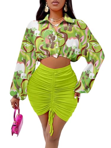 Image of Women's Two Piece Skirt Sets Long Sleeve Crop Tops Stretchy Drawstring High Sexy Mini Skirts Sets MS88