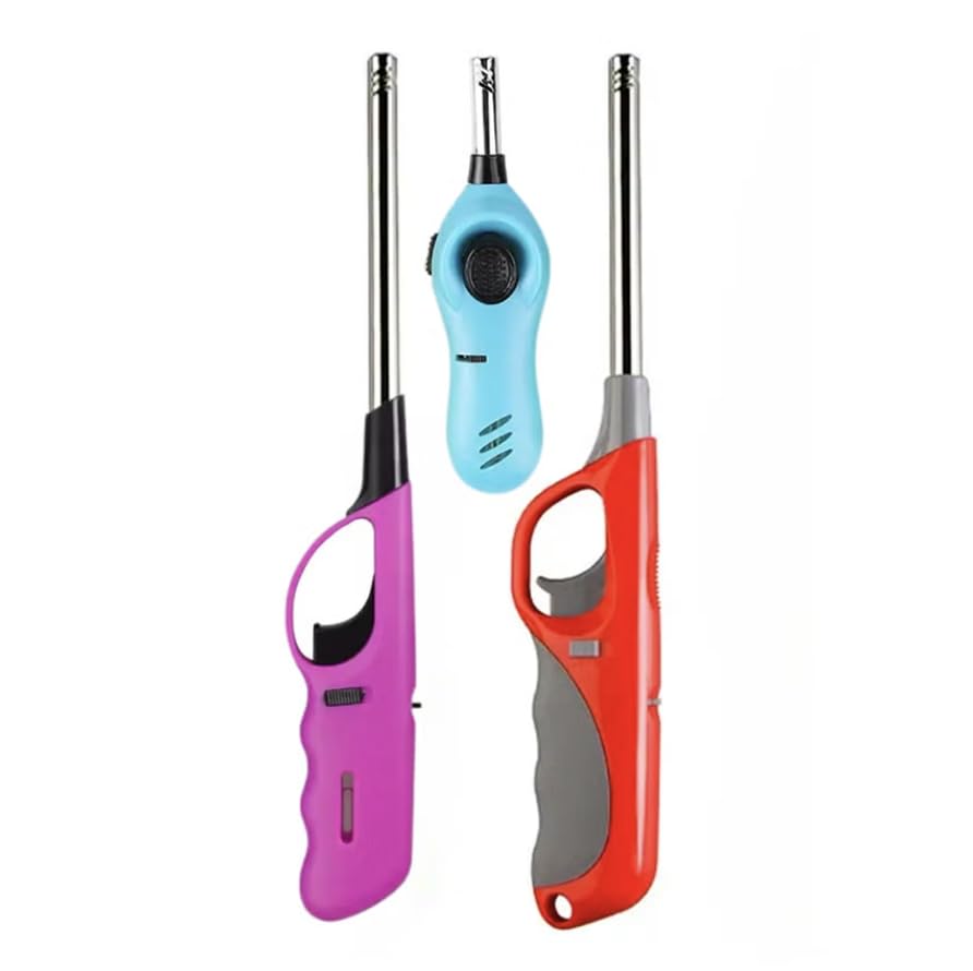 GENZY Utility Lighter 3 Pack Multi-Purpose Wind Resistant Stainless Steel Durable Refillable Gas Lighter Perfect for Kitchen BBQ Candle Fireplace Grill Bakhoor Charcoal (3)