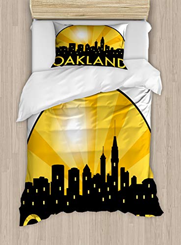 Ambesonne Oakland Duvet Cover Set, Buildings and a Sunburst Effect on The Background, Decorative 2 Piece Bedding Set with 1 Pillow Sham, Twin Size, Grey Mustard