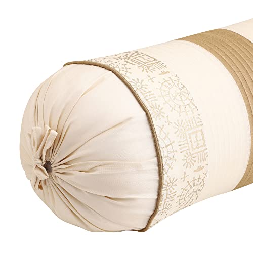 Image of Gifts Island Set of 2 Polyester Silk Traditional Hand-Block Printed & Striped Bolster Covers (Beige)
