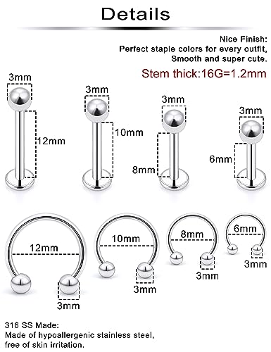 Ftovosyo Lip Rings 32PCS Labret Jewelry Monroe Lip Barbell Ring Snake Bite Piercing Jewelry 16G Helix Earring Daith Tragus Cartilage Studs Surgical Steel Piercing Jewelry for Women Men2