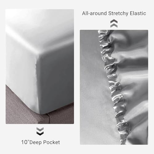 Image of Soft and Silk Satin Fitted Bedsheet for Single Size 36X75 +12 in - Elastic Fitted Sheet 400 TC Hotel Collection for Bedroom | Fitted Sheet with Pillow Cover - Silver Gray, Single Bed