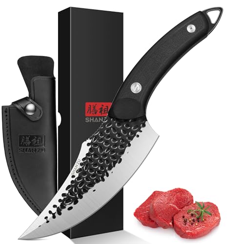 SHAN ZU Japanisches Kochmesser, Küchenmesser 15cm Fleischmesser mit Lederscheide Scharf Profi Outdoor Messer mit G10 Griff für Camping Grill -Schwarz