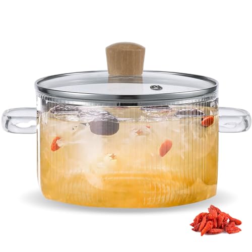 UKQRRTC Glass Cooking Pot 1.6L Glass Pots for Stove Top with Lid and Double Handles Simmer Pot Non-Stick Borosilicate Glass Cookware Clear Soup Pot for Soup Milk Sauce Pasta Noodle