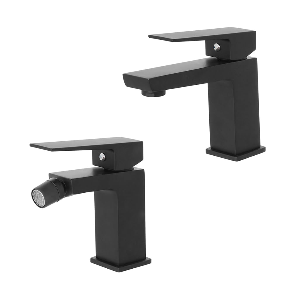Set miscelatori lavabo e bidet nero opaco, in ottone con piletta di scarico click-clack inclusa, serie KUBO