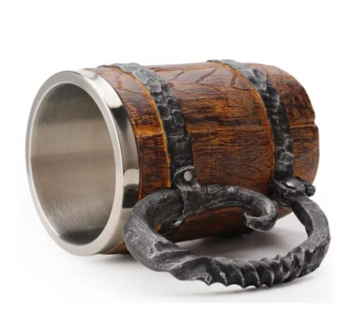 Roil Viking Cup Wood Style Barrel Mug Tankard With Handle | Drinkware Stainless Steel Double Wall Cocktail Mug #TOP2