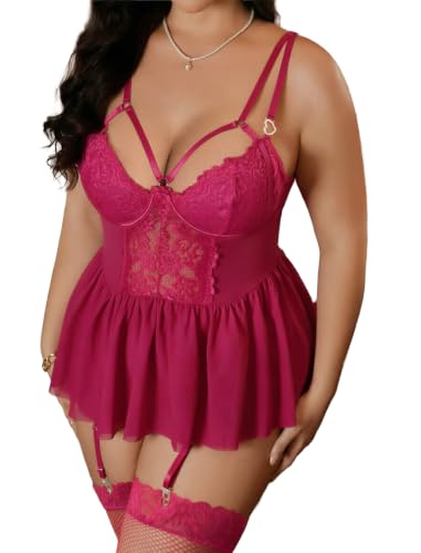 Image of Alrovetoney Plus Size Lingerie For Curvy Women Ruffle Lingerie Set Sexy Lace Lingerie Set Garter Belt With Stockings