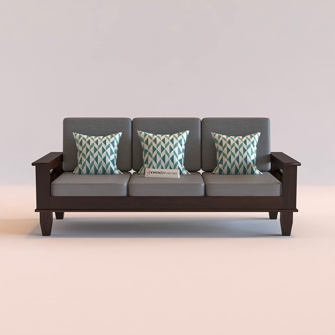 Image of Sheesham Wooden 3 Seater Sofa for Living Room | Rosewood 3 Seater Cushion Sofa with Side Newspaper Holder for Home & Office | Solid Wood Sofa Set for Lounge (Walnut Finish)