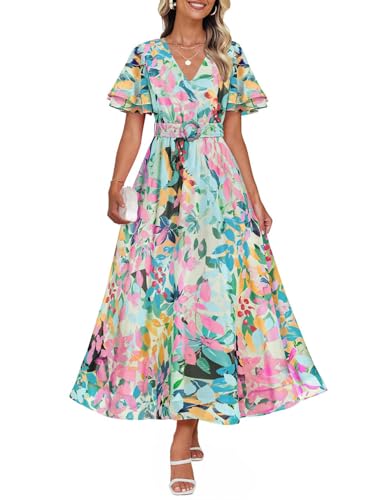 ZESICA Women's 2025 Summer Casual Floral Print Short Sleeve V Neck High Waist Flowy Maxi Dress with Belt,Green,S