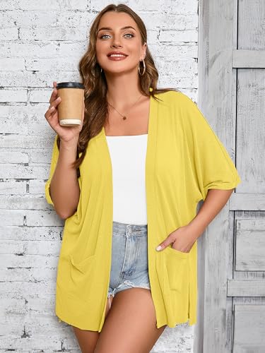Image of AusLook Plus Size Cardigan for Women Short Sleeve Lightweight Open Front Shrug with Pockets for Dresses and Layering 1X-5X