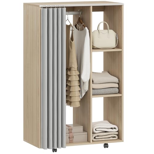 HOMCOM Armoire penderie meuble de rangement mobile 4 roulettes avec tringle à vêtements et étagères ouvertes, penderie vêtement dressing roulant pour...