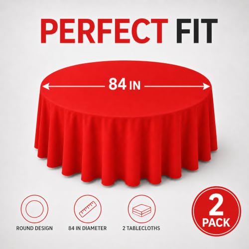 Image of WNINK 2 Pack Red Round Tablecloth, 84 Inch Disposable Plastic Table Covers, Red Round Table Cover for Birthday Parties, Holiday, Picnic, BBQ, Family Gathering Party Supplies