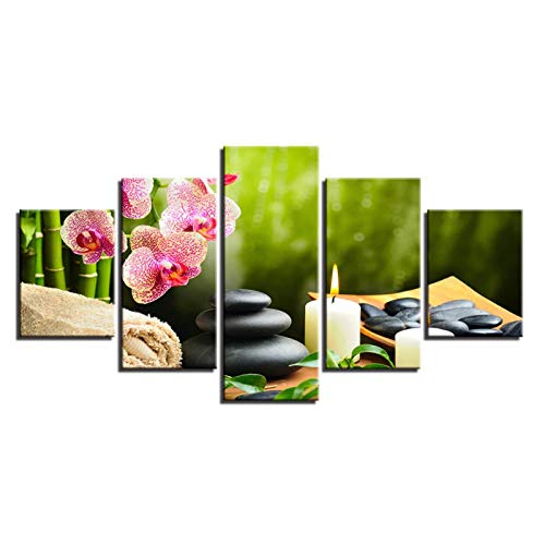 Leinwandbilder Wandkunst HD Drucke Poster 5 STK. Bambus Orchidee Blumensteine ​​Kerze Bilder Wohnzimmer Wohnkultur 20x35 20x45 20x55cm Kein