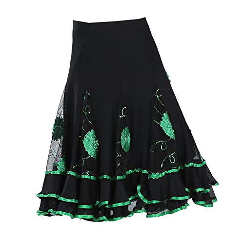 Jupe de danse latine évasée en vert pour femme avec ceinture élastique