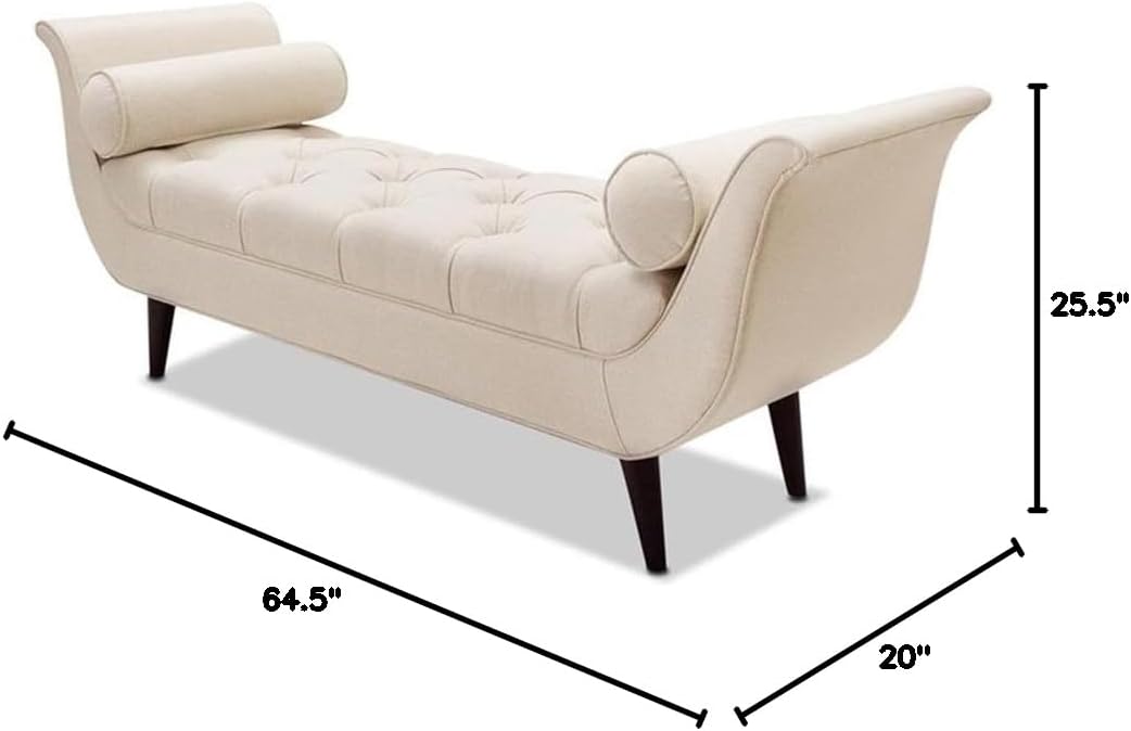 Pemberly Row Tufted Entryway Bench, 64.5" Flared Arm Design, Cream Polyester Upholstery, Espresso Brown Wood Legs, 17" Seat Height, Includes Bolster Pillows, Modern Glam Style for Living Room or
