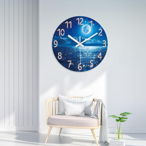 Image of Large Blue Moon Wall Clock Battery Operated 24 Inch Silent | Non Ticking Modern Glass Nature Decorative Round Analog Clock for Living Room Bedroom Kitchen