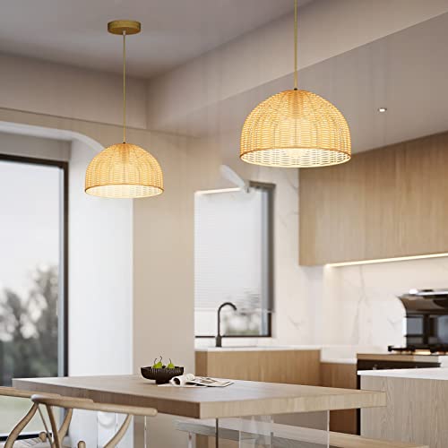Wicker Pendant Light Rattan Hanging Pendant Light Boho Bamboo Pendant Light For Kitchen, Pendant Light With Bamboo Shade, Wood Pendant Light For Living Room Kitchen Island Dining Room (Bulb Included) #TOP3