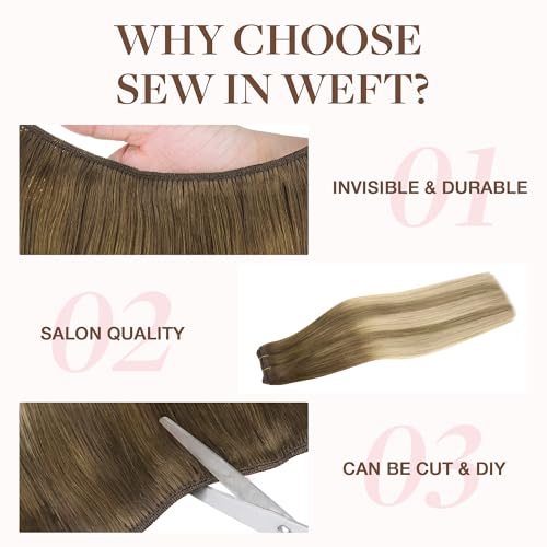 Image of GOO GOO Sew in Hair Extensions Real Human Hair, Weft Hair Extensions Human Hair, 3 /8 /613 Balayage Walnut Brown to Ash Brown and Bleach Blonde 20inch 130g, Weft Bundles Straight Silky Remy Hair