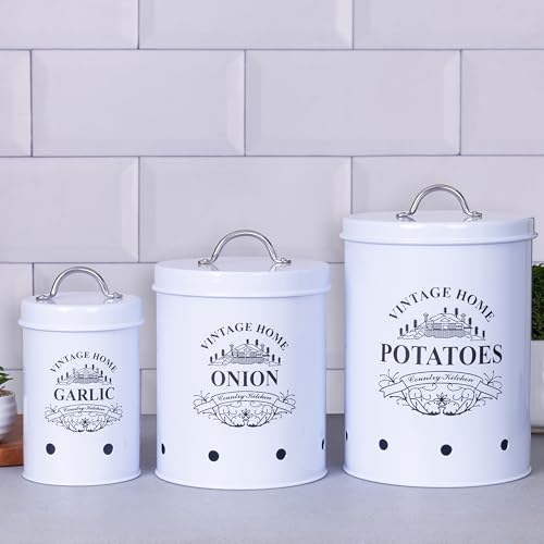 Image of Metallure Home Round Classic Kitchen Storage Containers | Set of 3 Metal Jars With Lid | Potato, Onion & Garlic (Food Safe) (White)