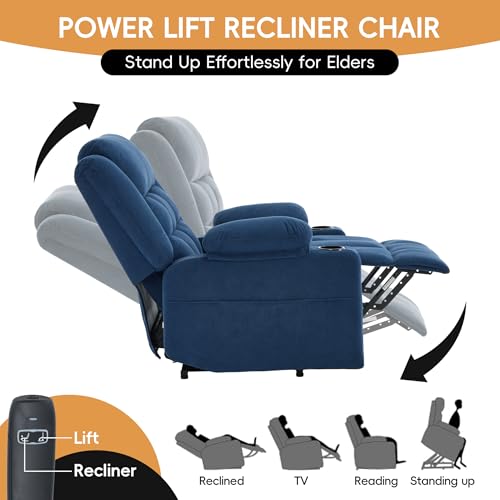 Image of Power Lift Recliner Chair for Elderly Adults with Massage and Heat, Fabric Electric Recliner Sofa with Side Pocket, Two Cup Holders for Living Room L9912 (Navy Blue)