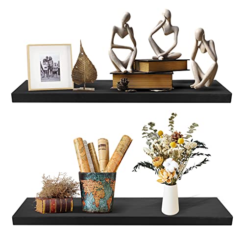 SAUMONIERES 24 Inch Floating Wall Shelves for Bedroom Bathroom Wall Mounted Solid Wood Shelf Storage Decor Set of 2, Black Floating Shelves