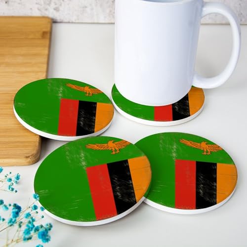 Lot de 4 sous-verres ronds vintage avec drapeau national de la Zambie pour table basse, sets de table amusants avec base pour la maison, 10,2 cm