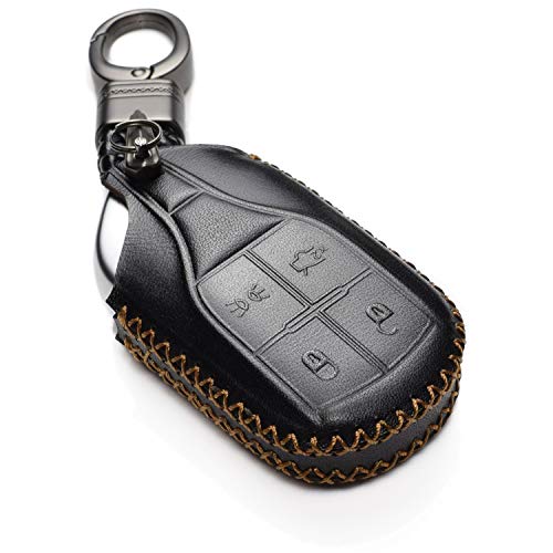 Image of Vitodeco Genuine Leather Smart Key Fob Case Cover Protector with Key Chain Clip - Compatible for Maserati Ghibli, Levante, Quattroporte - Light Button, Black