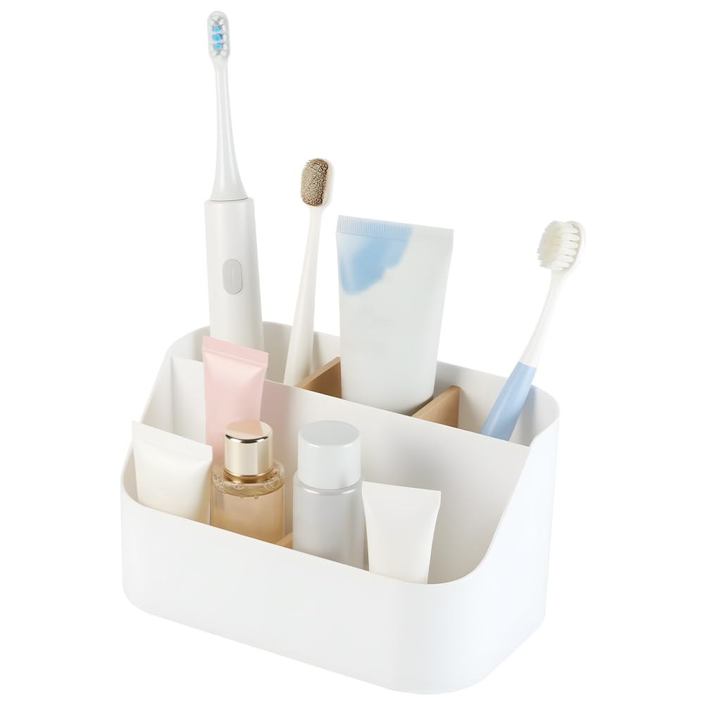 OSDUE Toothbrush Holder for Bathroom,5 Slots Toothbrush Caddy Organiser with Detachable Bamboo Divider, Electric Toothbrush Holder Countertop Toothpaste Storage for Family
