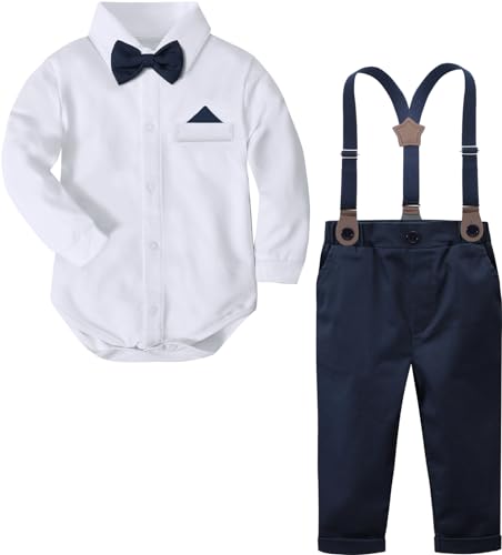 Image of A&J DESIGN Baby Boys Suits Infant Gentleman Formal Wedding Suspenders Outfit with Bowtie